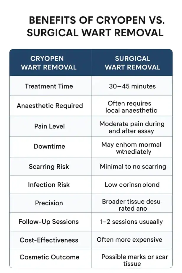 Table showing the benefits of cryopen to remove warts Shoreditch compared to surgical treatment